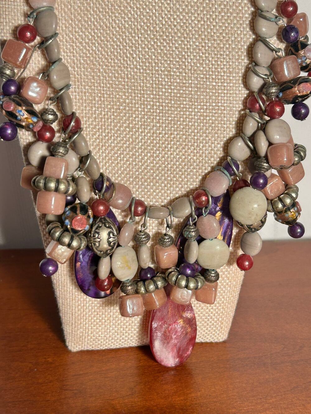 Chunky Multistrand Statement Necklace Purple Magenta Resin Teardrop Beads 17"